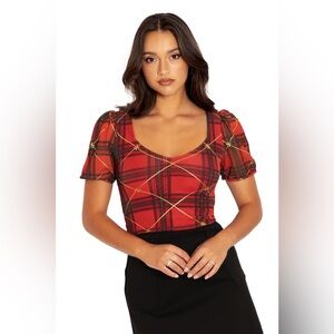 BlackMilk Tartan Gift Wrap Puff Sleeve Sweetheart Top
